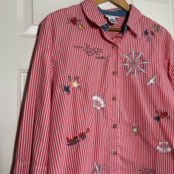 Vintage Embroidered Nautical Blouse Large Graff Button Down Red Coastal Novelty - Picture 4 of 12